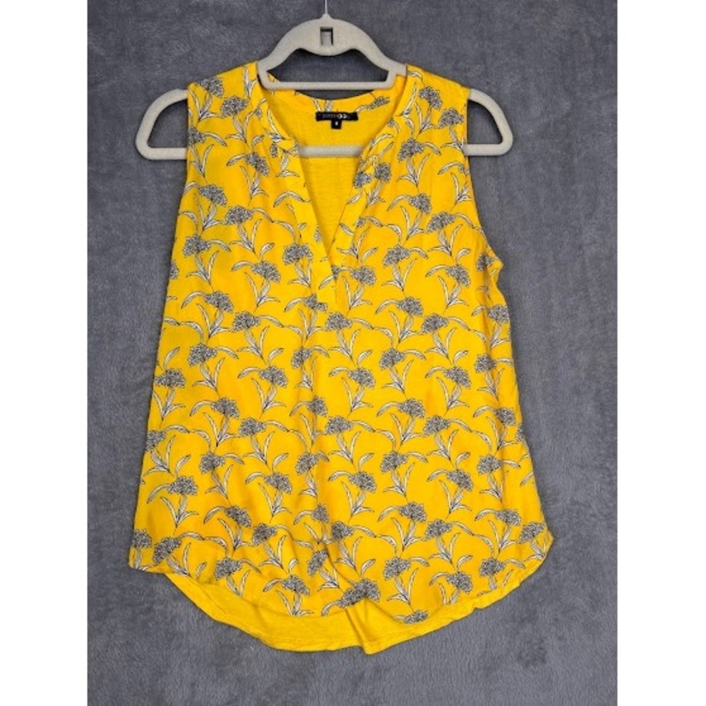 Papermoon Womens Yellow Floral Mixed Media Sleeveless V-Neck Blouse Small‎